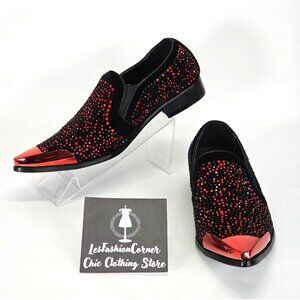 Bolano Men's Red/Black Leather Desta Dress Shoes Rhinestone Loafers Sz 7.5 1802